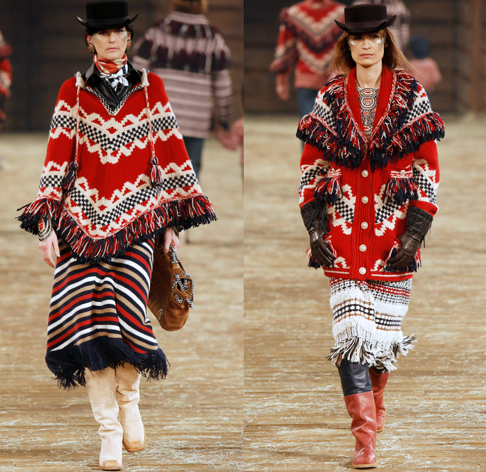 Chanel 2014 Pre Fall Womens Runway Presentation - Pre Autumn Collection Looks Dallas Texas - Old American Western Frontier Native American Indian Cowgirl Ethnic Folk Ornamental Decorative Art Patterns Chunky Knitwear Lace Ruffles Denim Jeans Poncho Fringes Outerwear Coats Culottes Palazzo Pants: Designer Denim Jeans Fashion: Season Collections, Runways, Lookbooks and Linesheets