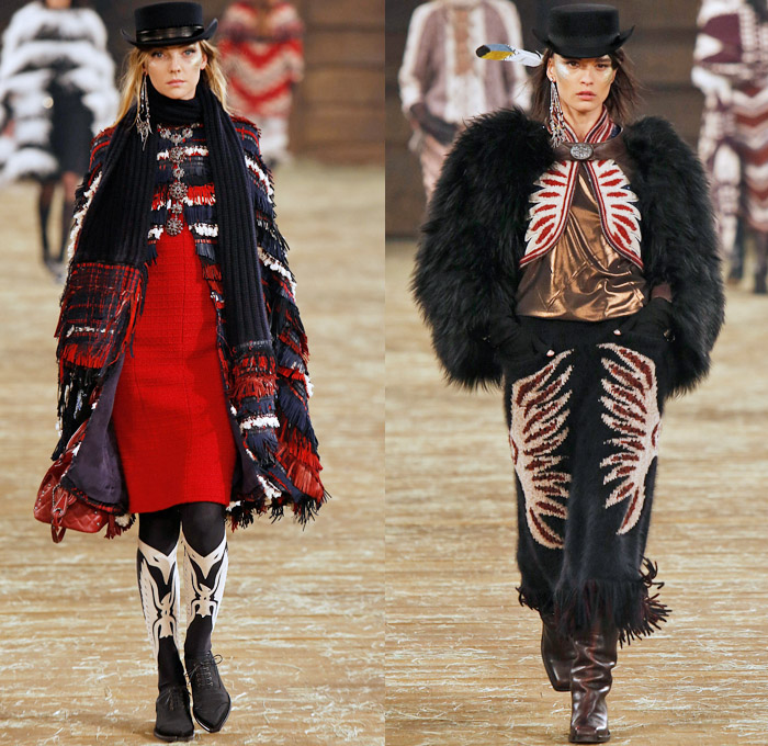 Chanel 2014 Pre Fall Womens Runway Presentation - Pre Autumn Collection Looks Dallas Texas - Old American Western Frontier Native American Indian Cowgirl Ethnic Folk Ornamental Decorative Art Patterns Chunky Knitwear Lace Ruffles Denim Jeans Poncho Fringes Outerwear Coats Culottes Palazzo Pants: Designer Denim Jeans Fashion: Season Collections, Runways, Lookbooks and Linesheets