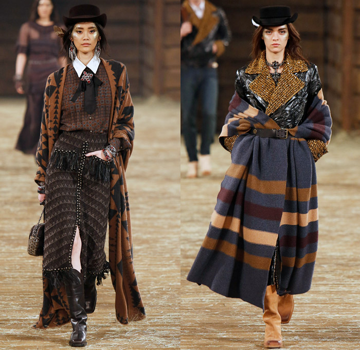 Chanel 2014 Pre Fall Womens Runway Presentation - Pre Autumn Collection Looks Dallas Texas - Old American Western Frontier Native American Indian Cowgirl Ethnic Folk Ornamental Decorative Art Patterns Chunky Knitwear Lace Ruffles Denim Jeans Poncho Fringes Outerwear Coats Culottes Palazzo Pants: Designer Denim Jeans Fashion: Season Collections, Runways, Lookbooks and Linesheets