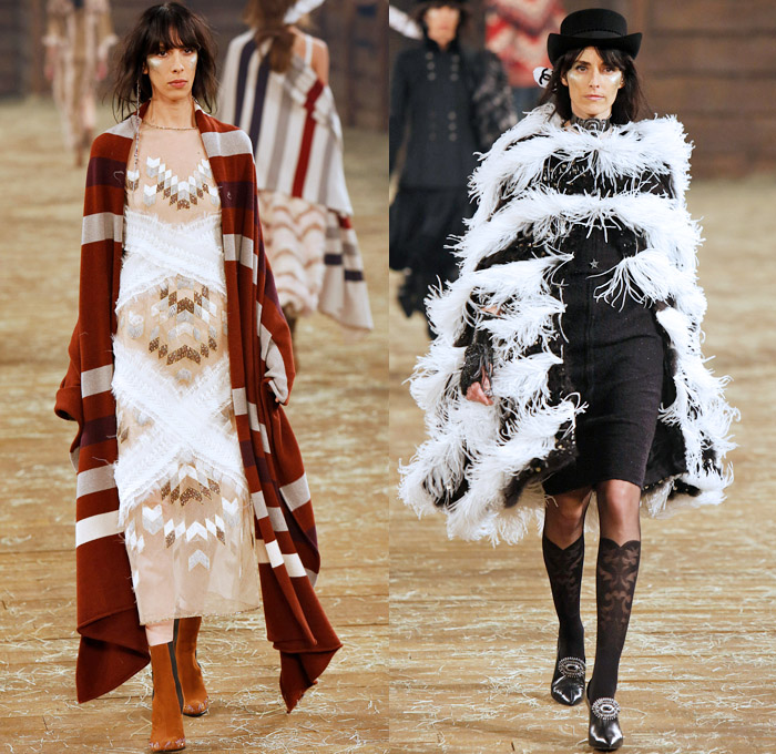 Chanel 2014 Pre Fall Womens Runway Presentation - Pre Autumn Collection Looks Dallas Texas - Old American Western Frontier Native American Indian Cowgirl Ethnic Folk Ornamental Decorative Art Patterns Chunky Knitwear Lace Ruffles Denim Jeans Poncho Fringes Outerwear Coats Culottes Palazzo Pants: Designer Denim Jeans Fashion: Season Collections, Runways, Lookbooks and Linesheets