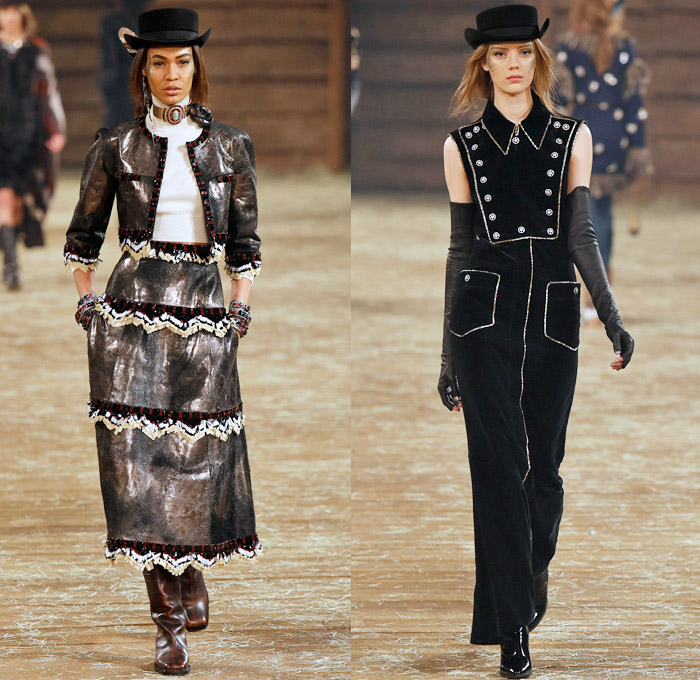 Chanel 2014 Pre Fall Womens Runway Presentation - Pre Autumn Collection Looks Dallas Texas - Old American Western Frontier Native American Indian Cowgirl Ethnic Folk Ornamental Decorative Art Patterns Chunky Knitwear Lace Ruffles Denim Jeans Poncho Fringes Outerwear Coats Culottes Palazzo Pants: Designer Denim Jeans Fashion: Season Collections, Runways, Lookbooks and Linesheets