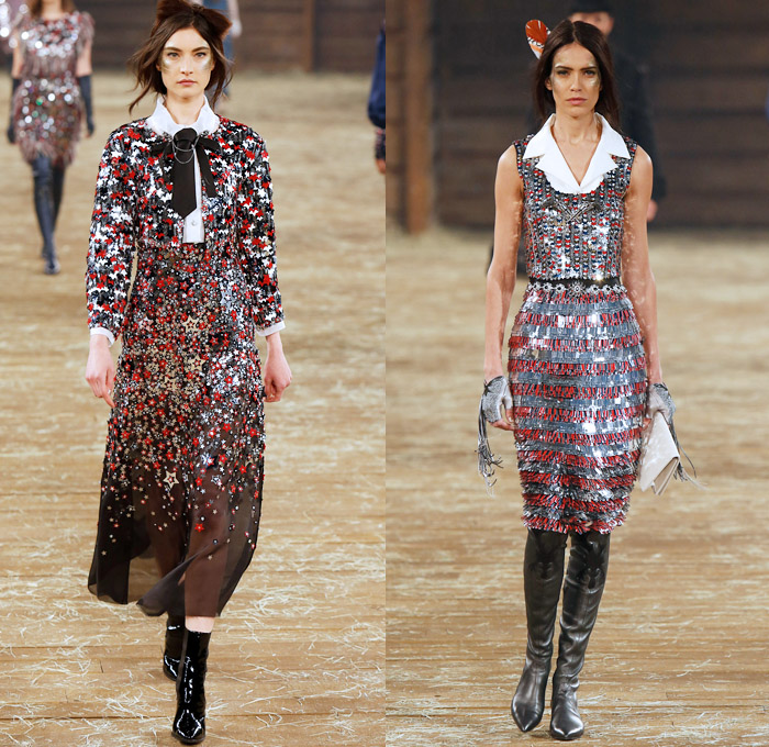 Chanel 2014 Pre Fall Womens Runway Presentation - Pre Autumn Collection Looks Dallas Texas - Old American Western Frontier Native American Indian Cowgirl Ethnic Folk Ornamental Decorative Art Patterns Chunky Knitwear Lace Ruffles Denim Jeans Poncho Fringes Outerwear Coats Culottes Palazzo Pants: Designer Denim Jeans Fashion: Season Collections, Runways, Lookbooks and Linesheets