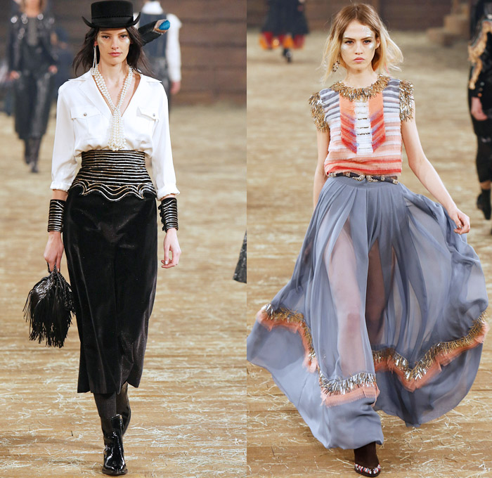 Chanel 2014 Pre Fall Womens Runway Presentation - Pre Autumn Collection Looks Dallas Texas - Old American Western Frontier Native American Indian Cowgirl Ethnic Folk Ornamental Decorative Art Patterns Chunky Knitwear Lace Ruffles Denim Jeans Poncho Fringes Outerwear Coats Culottes Palazzo Pants: Designer Denim Jeans Fashion: Season Collections, Runways, Lookbooks and Linesheets