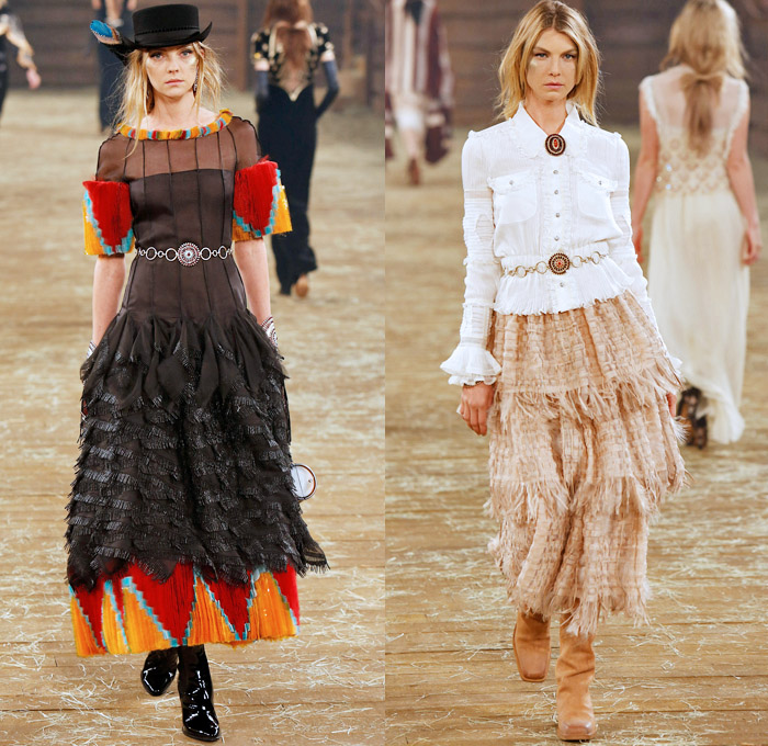 Chanel 2014 Pre Fall Womens Runway Presentation - Pre Autumn Collection Looks Dallas Texas - Old American Western Frontier Native American Indian Cowgirl Ethnic Folk Ornamental Decorative Art Patterns Chunky Knitwear Lace Ruffles Denim Jeans Poncho Fringes Outerwear Coats Culottes Palazzo Pants: Designer Denim Jeans Fashion: Season Collections, Runways, Lookbooks and Linesheets