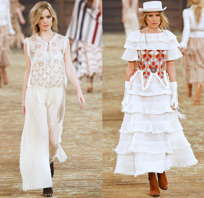 Chanel 2014 Pre Fall Womens Runway Presentation - Pre Autumn Collection Looks Dallas Texas - Old American Western Frontier Native American Indian Cowgirl Ethnic Folk Ornamental Decorative Art Patterns Chunky Knitwear Lace Ruffles Denim Jeans Poncho Fringes Outerwear Coats Culottes Palazzo Pants: Designer Denim Jeans Fashion: Season Collections, Runways, Lookbooks and Linesheets