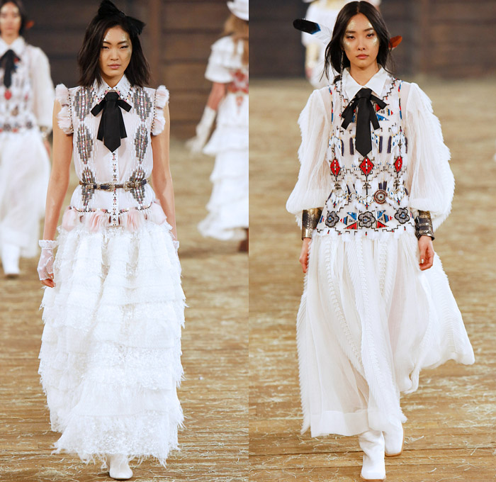 Chanel 2014 Pre Fall Womens Runway Presentation - Pre Autumn Collection Looks Dallas Texas - Old American Western Frontier Native American Indian Cowgirl Ethnic Folk Ornamental Decorative Art Patterns Chunky Knitwear Lace Ruffles Denim Jeans Poncho Fringes Outerwear Coats Culottes Palazzo Pants: Designer Denim Jeans Fashion: Season Collections, Runways, Lookbooks and Linesheets