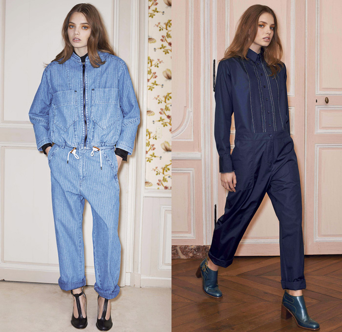 See by Chloé 2014 Pre Fall Womens Lookbook Presentation - Pre Autumn Collection Looks - Denim Jeans Pinstripe Drawstring Roll-Up Jumpsuit Boiler Suit Playsuit Bib n Brace Dungaree Plaid Tartan Blouse Sweater Jumper Chunky Knit Artichoke Abstract Print Motif Stripes Ruffles Waffle Quilted Shirtdress Jacketdress Anorakdress Shorts Robe Wrap Dress Frock Skirt: Designer Denim Jeans Fashion: Season Collections, Runways, Lookbooks and Linesheets