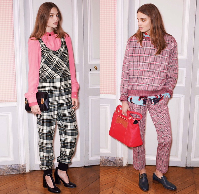 See by Chloé 2014 Pre Fall Womens Lookbook Presentation - Pre Autumn Collection Looks - Denim Jeans Pinstripe Drawstring Roll-Up Jumpsuit Boiler Suit Playsuit Bib n Brace Dungaree Plaid Tartan Blouse Sweater Jumper Chunky Knit Artichoke Abstract Print Motif Stripes Ruffles Waffle Quilted Shirtdress Jacketdress Anorakdress Shorts Robe Wrap Dress Frock Skirt: Designer Denim Jeans Fashion: Season Collections, Runways, Lookbooks and Linesheets