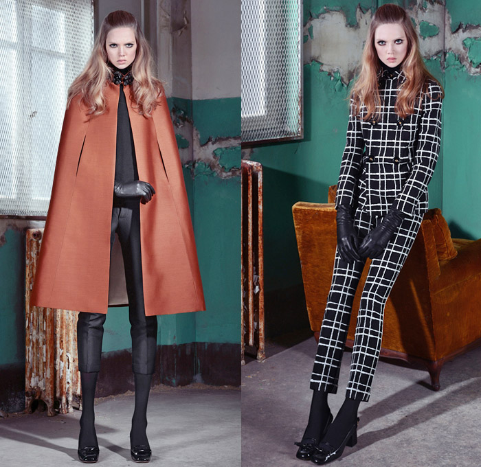 Dsquared2 2014 Pre Fall Womens Presentation - Pre Autumn Collection Looks - Rustic Boarding School Girl Leggings Cropped Pants Marching Band Outerwear Coat Jacket Cape Cloak Hanging Sleeve Windowpane Check Zippers Shirtdress: Designer Denim Jeans Fashion: Season Collections, Runways, Lookbooks and Linesheets