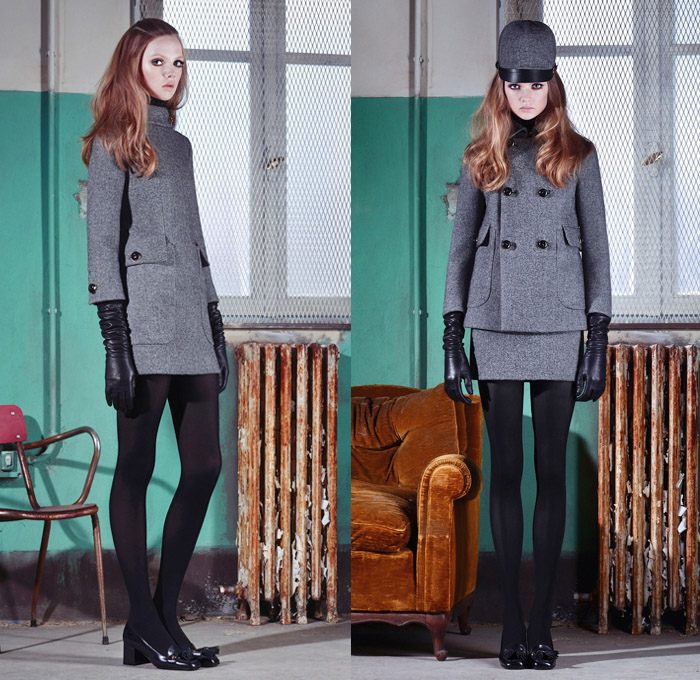 Dsquared2 2014 Pre Fall Womens Presentation - Pre Autumn Collection Looks - Rustic Boarding School Girl Leggings Cropped Pants Marching Band Outerwear Coat Jacket Cape Cloak Hanging Sleeve Windowpane Check Zippers Shirtdress: Designer Denim Jeans Fashion: Season Collections, Runways, Lookbooks and Linesheets