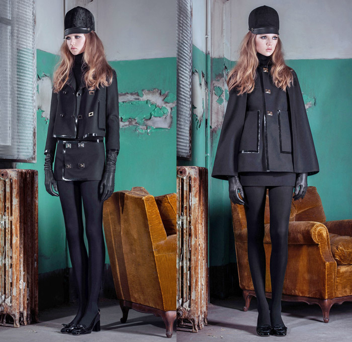 Dsquared2 2014 Pre Fall Womens Presentation - Pre Autumn Collection Looks - Rustic Boarding School Girl Leggings Cropped Pants Marching Band Outerwear Coat Jacket Cape Cloak Hanging Sleeve Windowpane Check Zippers Shirtdress: Designer Denim Jeans Fashion: Season Collections, Runways, Lookbooks and Linesheets