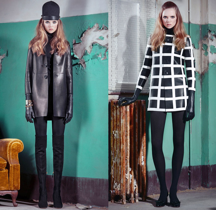 Dsquared2 2014 Pre Fall Womens Presentation - Pre Autumn Collection Looks - Rustic Boarding School Girl Leggings Cropped Pants Marching Band Outerwear Coat Jacket Cape Cloak Hanging Sleeve Windowpane Check Zippers Shirtdress: Designer Denim Jeans Fashion: Season Collections, Runways, Lookbooks and Linesheets