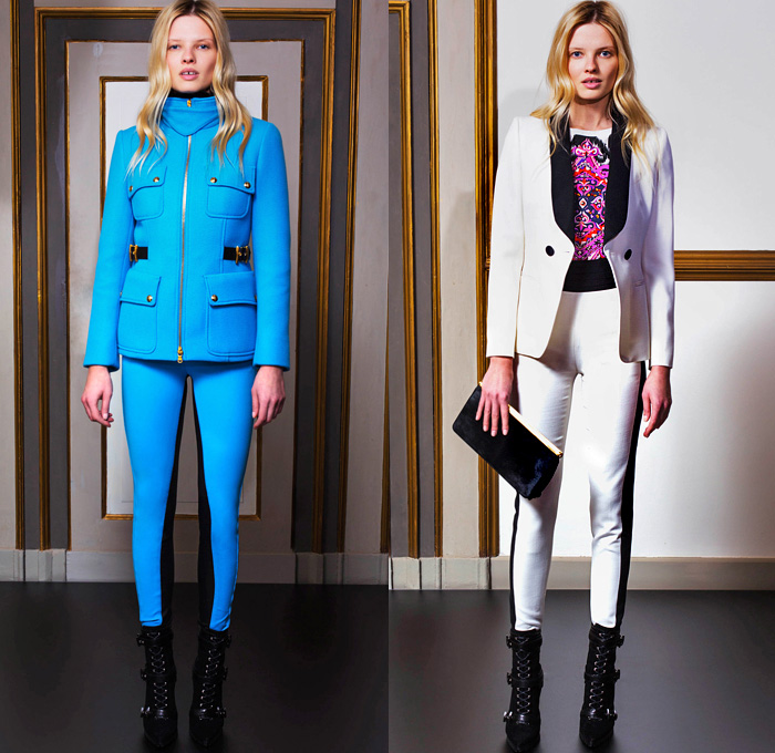 Emilio Pucci 2014 Pre Fall Womens Lookbook Presentation - Pre Autumn Collection Looks - Ethnic Folk Ornamental Print Tribal Print Pattern Tunicdress Shirtdress Thigh High Boots Furry Outerwear Overcoat Dress Cocktail Jacket Tuxedo Stripe Cargo Pockets Suspenders Dungarees Jumpsuit Robe Poncho Renaissance Sequins: Designer Denim Jeans Fashion: Season Collections, Runways, Lookbooks and Linesheets