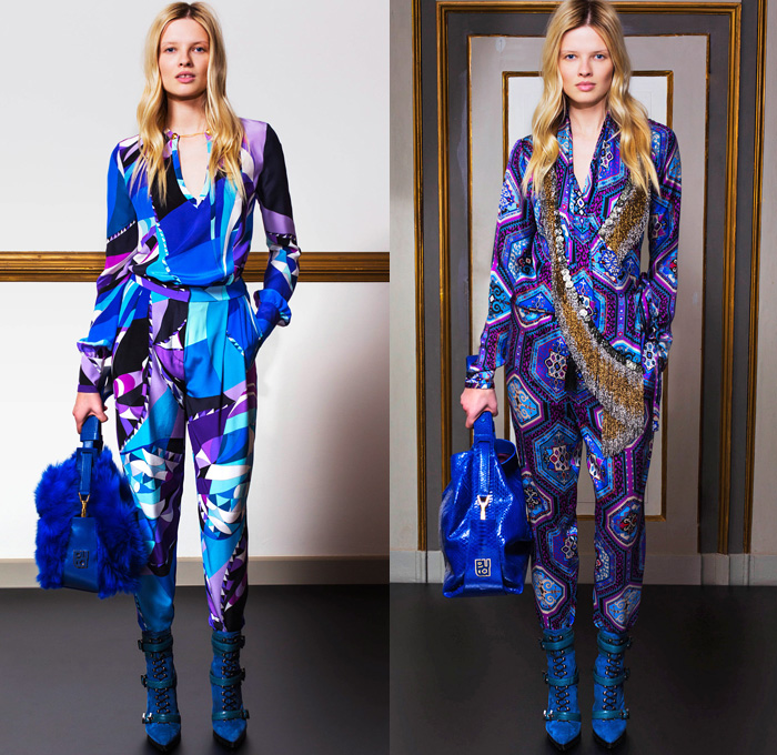 Emilio Pucci 2014 Pre Fall Womens Lookbook Presentation - Pre Autumn Collection Looks - Ethnic Folk Ornamental Print Tribal Print Pattern Tunicdress Shirtdress Thigh High Boots Furry Outerwear Overcoat Dress Cocktail Jacket Tuxedo Stripe Cargo Pockets Suspenders Dungarees Jumpsuit Robe Poncho Renaissance Sequins: Designer Denim Jeans Fashion: Season Collections, Runways, Lookbooks and Linesheets