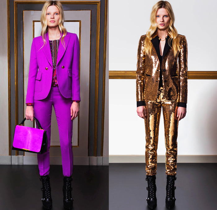 Emilio Pucci 2014 Pre Fall Womens Lookbook Presentation - Pre Autumn Collection Looks - Ethnic Folk Ornamental Print Tribal Print Pattern Tunicdress Shirtdress Thigh High Boots Furry Outerwear Overcoat Dress Cocktail Jacket Tuxedo Stripe Cargo Pockets Suspenders Dungarees Jumpsuit Robe Poncho Renaissance Sequins: Designer Denim Jeans Fashion: Season Collections, Runways, Lookbooks and Linesheets