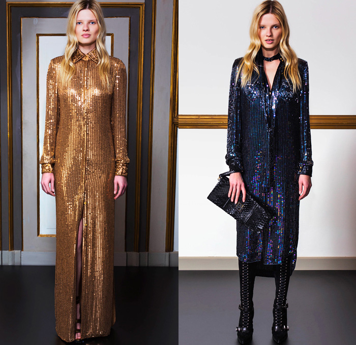 Emilio Pucci 2014 Pre Fall Womens Lookbook Presentation - Pre Autumn Collection Looks - Ethnic Folk Ornamental Print Tribal Print Pattern Tunicdress Shirtdress Thigh High Boots Furry Outerwear Overcoat Dress Cocktail Jacket Tuxedo Stripe Cargo Pockets Suspenders Dungarees Jumpsuit Robe Poncho Renaissance Sequins: Designer Denim Jeans Fashion: Season Collections, Runways, Lookbooks and Linesheets