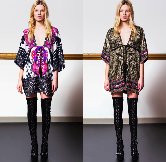 Emilio Pucci 2014 Pre Fall Womens Lookbook Presentation - Pre Autumn Collection Looks - Ethnic Folk Ornamental Print Tribal Print Pattern Tunicdress Shirtdress Thigh High Boots Furry Outerwear Overcoat Dress Cocktail Jacket Tuxedo Stripe Cargo Pockets Suspenders Dungarees Jumpsuit Robe Poncho Renaissance Sequins: Designer Denim Jeans Fashion: Season Collections, Runways, Lookbooks and Linesheets