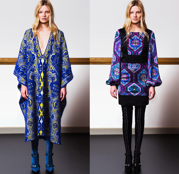 Emilio Pucci 2014 Pre Fall Womens Lookbook Presentation - Pre Autumn Collection Looks - Ethnic Folk Ornamental Print Tribal Print Pattern Tunicdress Shirtdress Thigh High Boots Furry Outerwear Overcoat Dress Cocktail Jacket Tuxedo Stripe Cargo Pockets Suspenders Dungarees Jumpsuit Robe Poncho Renaissance Sequins: Designer Denim Jeans Fashion: Season Collections, Runways, Lookbooks and Linesheets