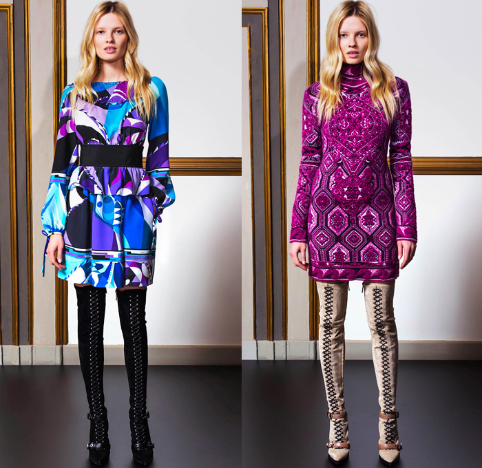 Emilio Pucci 2014 Pre Fall Womens Lookbook Presentation - Pre Autumn Collection Looks - Ethnic Folk Ornamental Print Tribal Print Pattern Tunicdress Shirtdress Thigh High Boots Furry Outerwear Overcoat Dress Cocktail Jacket Tuxedo Stripe Cargo Pockets Suspenders Dungarees Jumpsuit Robe Poncho Renaissance Sequins: Designer Denim Jeans Fashion: Season Collections, Runways, Lookbooks and Linesheets