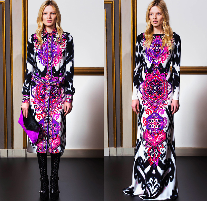 Emilio Pucci 2014 Pre Fall Womens Lookbook Presentation - Pre Autumn Collection Looks - Ethnic Folk Ornamental Print Tribal Print Pattern Tunicdress Shirtdress Thigh High Boots Furry Outerwear Overcoat Dress Cocktail Jacket Tuxedo Stripe Cargo Pockets Suspenders Dungarees Jumpsuit Robe Poncho Renaissance Sequins: Designer Denim Jeans Fashion: Season Collections, Runways, Lookbooks and Linesheets