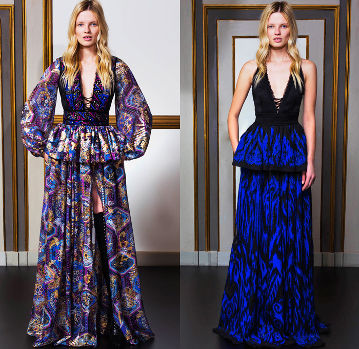 Emilio Pucci 2014 Pre Fall Womens Lookbook Presentation - Pre Autumn Collection Looks - Ethnic Folk Ornamental Print Tribal Print Pattern Tunicdress Shirtdress Thigh High Boots Furry Outerwear Overcoat Dress Cocktail Jacket Tuxedo Stripe Cargo Pockets Suspenders Dungarees Jumpsuit Robe Poncho Renaissance Sequins: Designer Denim Jeans Fashion: Season Collections, Runways, Lookbooks and Linesheets