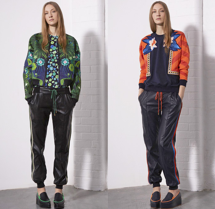 Emma Cook 2014 Pre Fall Womens Presentation - Pre Autumn Collection Looks - Jogging Sweatpants Sporty Flowers Florals Paisley Ornamental Decorative Art Print Liquefied Paint Windowpane Checks Sweater Jumper Wide Leg Palazzo Pants Cardigan Knitwear: Designer Denim Jeans Fashion: Season Collections, Runways, Lookbooks and Linesheets