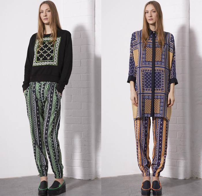 Emma Cook 2014 Pre Fall Womens Presentation - Pre Autumn Collection Looks - Jogging Sweatpants Sporty Flowers Florals Paisley Ornamental Decorative Art Print Liquefied Paint Windowpane Checks Sweater Jumper Wide Leg Palazzo Pants Cardigan Knitwear: Designer Denim Jeans Fashion: Season Collections, Runways, Lookbooks and Linesheets