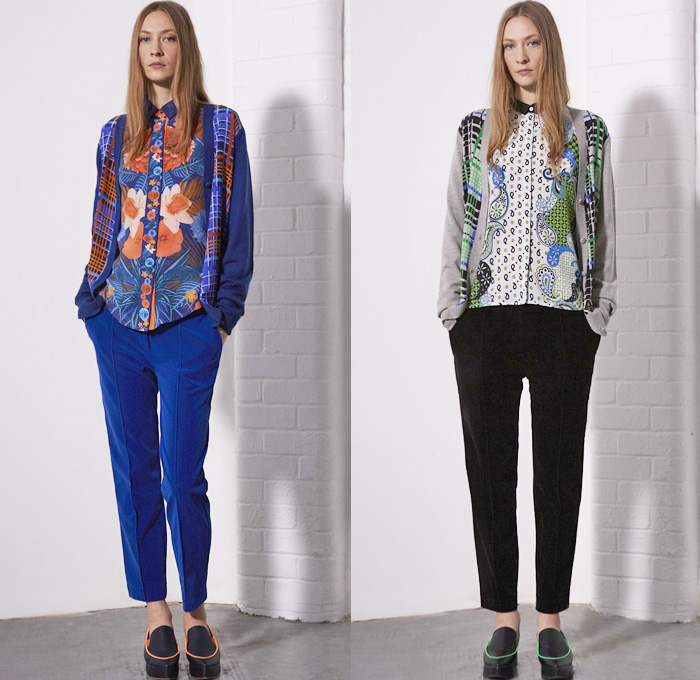 Emma Cook 2014 Pre Fall Womens Presentation - Pre Autumn Collection Looks - Jogging Sweatpants Sporty Flowers Florals Paisley Ornamental Decorative Art Print Liquefied Paint Windowpane Checks Sweater Jumper Wide Leg Palazzo Pants Cardigan Knitwear: Designer Denim Jeans Fashion: Season Collections, Runways, Lookbooks and Linesheets