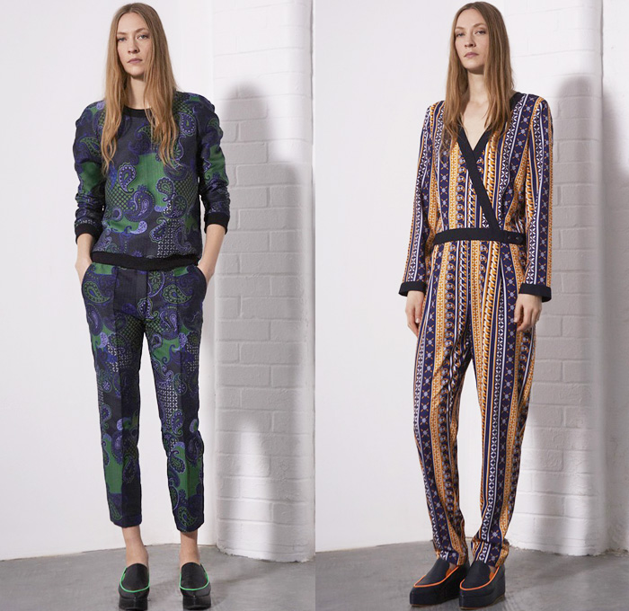 Emma Cook 2014 Pre Fall Womens Presentation - Pre Autumn Collection Looks - Jogging Sweatpants Sporty Flowers Florals Paisley Ornamental Decorative Art Print Liquefied Paint Windowpane Checks Sweater Jumper Wide Leg Palazzo Pants Cardigan Knitwear: Designer Denim Jeans Fashion: Season Collections, Runways, Lookbooks and Linesheets