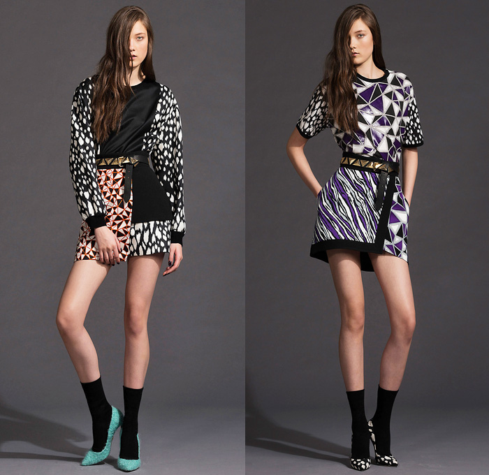 Fausto Puglisi 2014 Pre Fall Womens Lookbook Presentation - Pre Autumn Collection Looks - Denim Jeans Multi-Panel Jacket Animal Safari Zebra Cheetah Print Crop Top Midriff Bandeau Circle Poodle Skirt Motorcycle Biker Handkerchief Hem Prismatic Geometric Color Block Sweater Mesh Peek-A-Boo Coat Dress: Designer Denim Jeans Fashion: Season Collections, Runways, Lookbooks and Linesheets