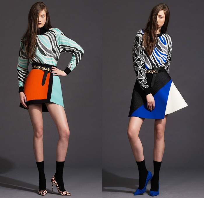 Fausto Puglisi 2014 Pre Fall Womens Lookbook Presentation - Pre Autumn Collection Looks - Denim Jeans Multi-Panel Jacket Animal Safari Zebra Cheetah Print Crop Top Midriff Bandeau Circle Poodle Skirt Motorcycle Biker Handkerchief Hem Prismatic Geometric Color Block Sweater Mesh Peek-A-Boo Coat Dress: Designer Denim Jeans Fashion: Season Collections, Runways, Lookbooks and Linesheets