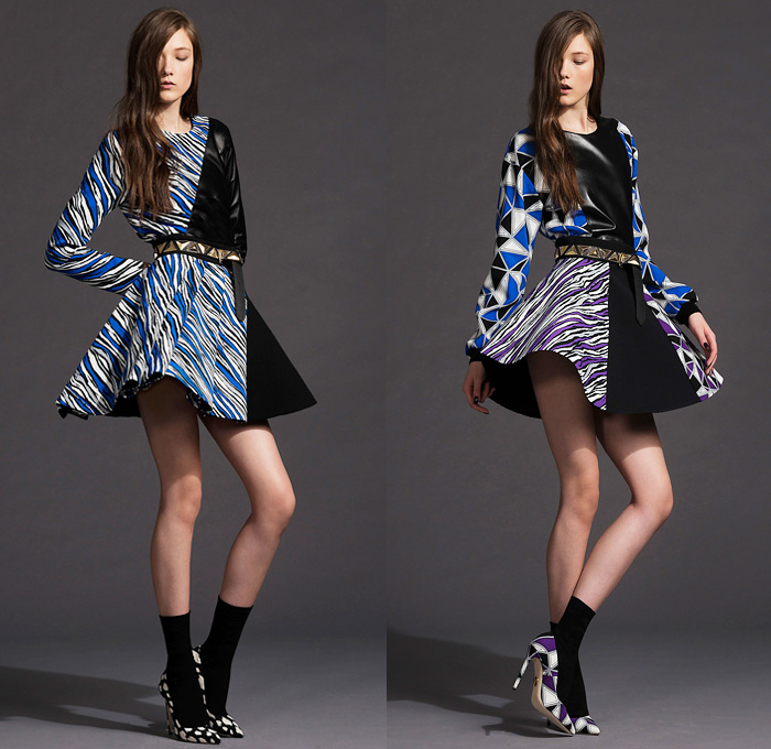 Fausto Puglisi 2014 Pre Fall Womens Lookbook Presentation - Pre Autumn Collection Looks - Denim Jeans Multi-Panel Jacket Animal Safari Zebra Cheetah Print Crop Top Midriff Bandeau Circle Poodle Skirt Motorcycle Biker Handkerchief Hem Prismatic Geometric Color Block Sweater Mesh Peek-A-Boo Coat Dress: Designer Denim Jeans Fashion: Season Collections, Runways, Lookbooks and Linesheets