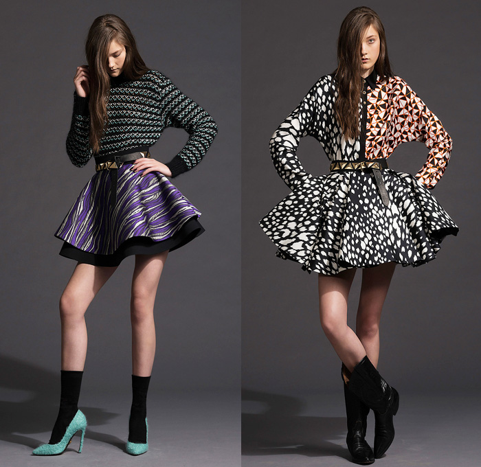 Fausto Puglisi 2014 Pre Fall Womens Lookbook Presentation - Pre Autumn Collection Looks - Denim Jeans Multi-Panel Jacket Animal Safari Zebra Cheetah Print Crop Top Midriff Bandeau Circle Poodle Skirt Motorcycle Biker Handkerchief Hem Prismatic Geometric Color Block Sweater Mesh Peek-A-Boo Coat Dress: Designer Denim Jeans Fashion: Season Collections, Runways, Lookbooks and Linesheets