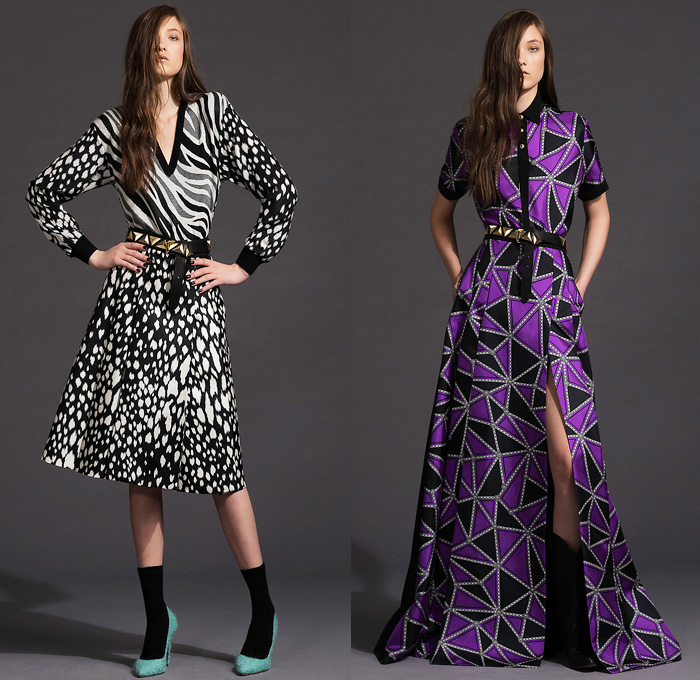 Fausto Puglisi 2014 Pre Fall Womens Lookbook Presentation - Pre Autumn Collection Looks - Denim Jeans Multi-Panel Jacket Animal Safari Zebra Cheetah Print Crop Top Midriff Bandeau Circle Poodle Skirt Motorcycle Biker Handkerchief Hem Prismatic Geometric Color Block Sweater Mesh Peek-A-Boo Coat Dress: Designer Denim Jeans Fashion: Season Collections, Runways, Lookbooks and Linesheets