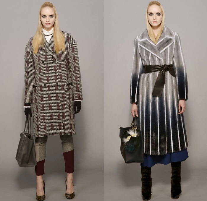 Fendi 2014 Pre Fall Womens Presentation - Pre Autumn Collection - Outerwear Wool Trench Coat Knit Belted Furry Skinny Leggings Pants: Designer Denim Jeans Fashion: Season Collections, Runways, Lookbooks and Linesheets