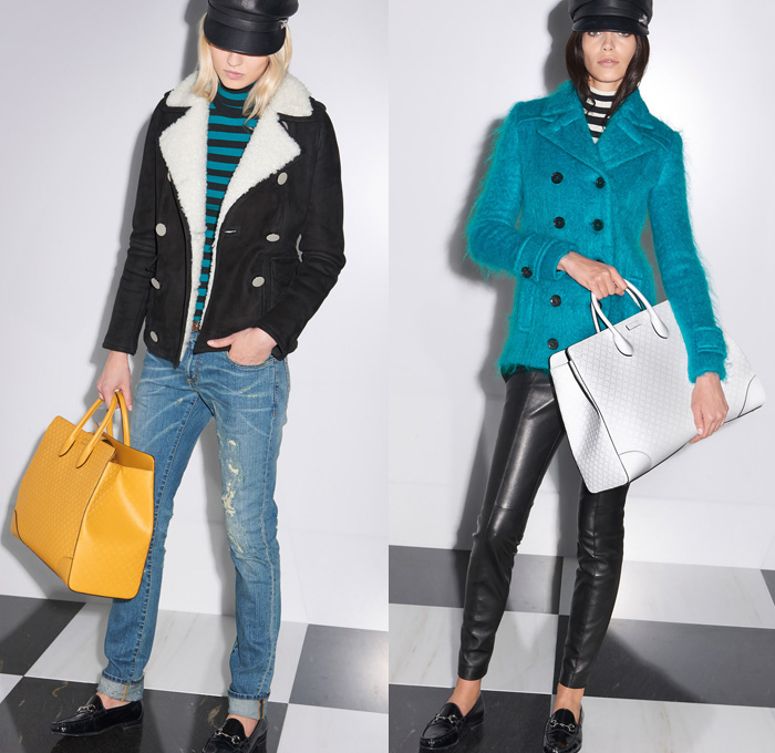 Gucci 2014 Pre Fall Womens Presentation - Pre Autumn Collection - Denim Jeans Solid Colors Minimal Outerwear Trench Pea Coat Marching Band Jacket Motorcycle Biker Dress Loafers Cropped Pants: Designer Denim Jeans Fashion: Season Collections, Runways, Lookbooks and Linesheets