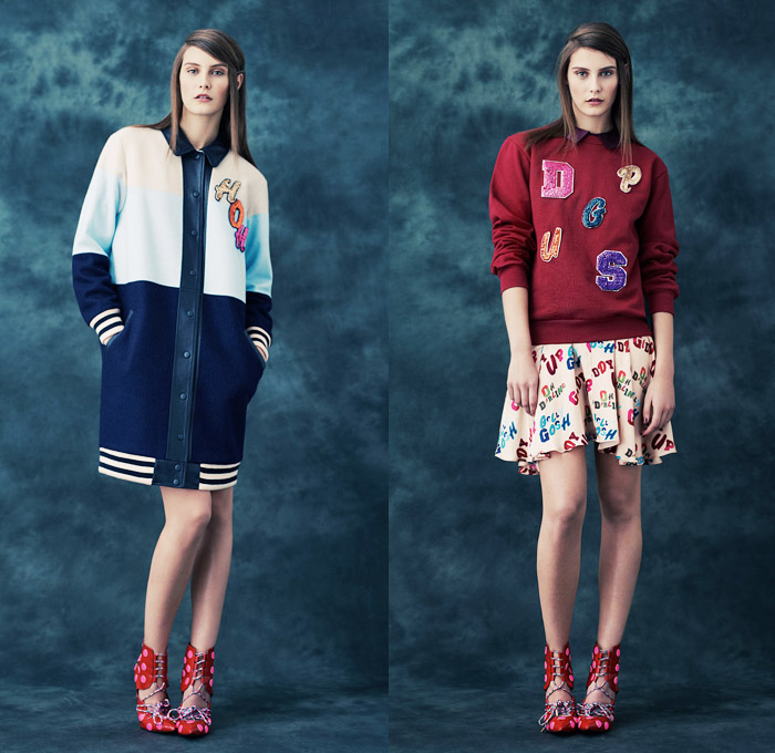 House of Holland 2014 Pre Fall Womens Presentation - Pre Autumn Collection Looks - English Boarding School Girl Preppy Denim Jeans Cut-Offs Shorts Emblem Badge Varsity Initials Print Windowpane Check Sweatpants Jogging Bomber Jacket Dress: Designer Denim Jeans Fashion: Season Collections, Runways, Lookbooks and Linesheets