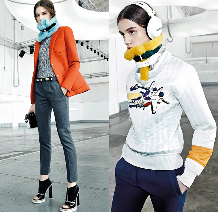 Iceberg 2014 Pre Fall Womens Lookbook Presentation - Pre Autumn Collection Looks - Poppy Flowers Florals Spacecraft Aircraft Retro Seventies Handkerchief Hem Accordion Pleat Turtleneck Knit Scarf Choker Furry Hoodie Coat Jacket Neoprene Multi Panel Sweater Jumper Pantsuit Blazer Waffle Quilted Wrap Parka Stripes Dress Skirt Frock Asymmetrical: Designer Denim Jeans Fashion: Season Collections, Runways, Lookbooks and Linesheets