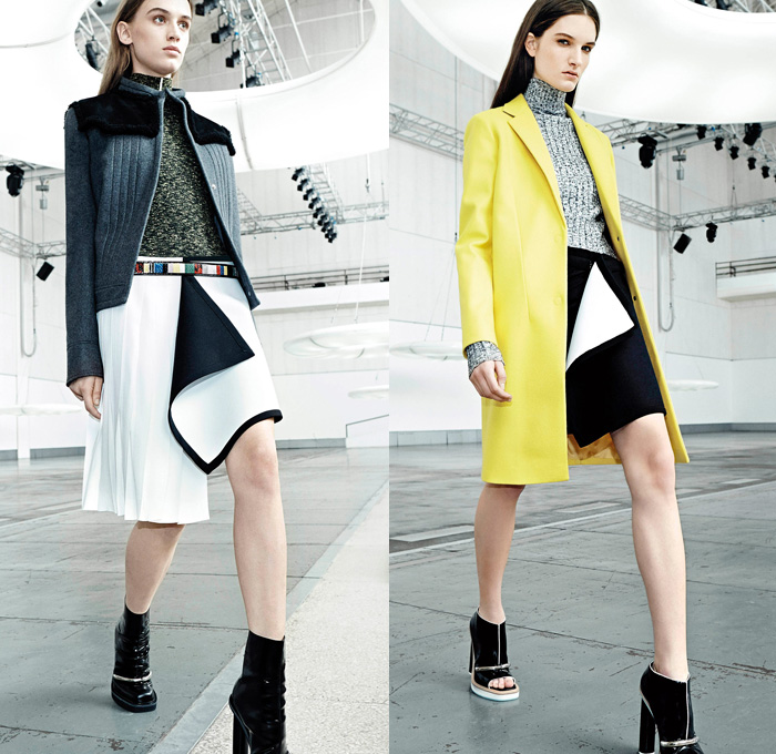 Iceberg 2014 Pre Fall Womens Lookbook Presentation - Pre Autumn Collection Looks - Poppy Flowers Florals Spacecraft Aircraft Retro Seventies Handkerchief Hem Accordion Pleat Turtleneck Knit Scarf Choker Furry Hoodie Coat Jacket Neoprene Multi Panel Sweater Jumper Pantsuit Blazer Waffle Quilted Wrap Parka Stripes Dress Skirt Frock Asymmetrical: Designer Denim Jeans Fashion: Season Collections, Runways, Lookbooks and Linesheets