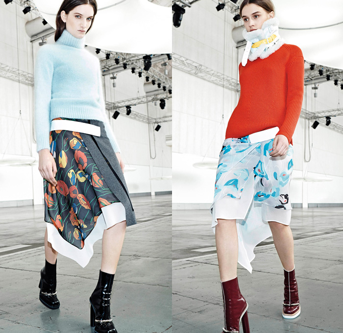 Iceberg 2014 Pre Fall Womens Lookbook Presentation - Pre Autumn Collection Looks - Poppy Flowers Florals Spacecraft Aircraft Retro Seventies Handkerchief Hem Accordion Pleat Turtleneck Knit Scarf Choker Furry Hoodie Coat Jacket Neoprene Multi Panel Sweater Jumper Pantsuit Blazer Waffle Quilted Wrap Parka Stripes Dress Skirt Frock Asymmetrical: Designer Denim Jeans Fashion: Season Collections, Runways, Lookbooks and Linesheets