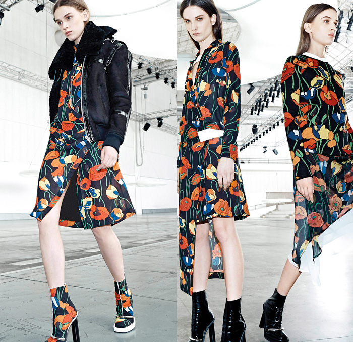 Iceberg 2014 Pre Fall Womens Lookbook Presentation - Pre Autumn Collection Looks - Poppy Flowers Florals Spacecraft Aircraft Retro Seventies Handkerchief Hem Accordion Pleat Turtleneck Knit Scarf Choker Furry Hoodie Coat Jacket Neoprene Multi Panel Sweater Jumper Pantsuit Blazer Waffle Quilted Wrap Parka Stripes Dress Skirt Frock Asymmetrical: Designer Denim Jeans Fashion: Season Collections, Runways, Lookbooks and Linesheets