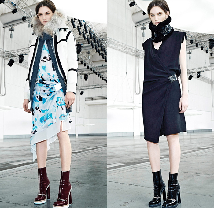 Iceberg 2014 Pre Fall Womens Lookbook Presentation - Pre Autumn Collection Looks - Poppy Flowers Florals Spacecraft Aircraft Retro Seventies Handkerchief Hem Accordion Pleat Turtleneck Knit Scarf Choker Furry Hoodie Coat Jacket Neoprene Multi Panel Sweater Jumper Pantsuit Blazer Waffle Quilted Wrap Parka Stripes Dress Skirt Frock Asymmetrical: Designer Denim Jeans Fashion: Season Collections, Runways, Lookbooks and Linesheets