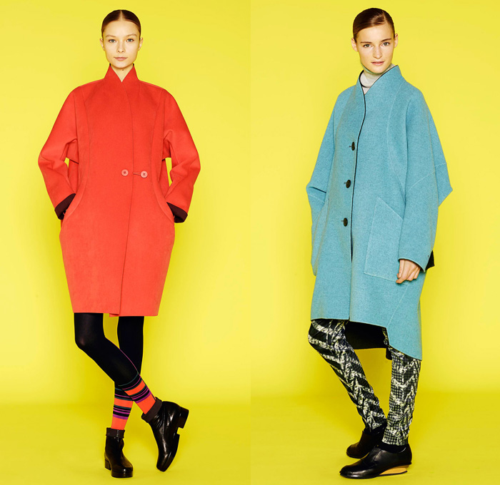 Issey Miyake 2014 Pre Fall Womens Lookbook Presentation - Pre Autumn Collection Looks - Oversized Outerwear Trench Coat Topcoat Overcoat Bright Colors Leggings Tights Abstract Prints Tire Tracks Mix Match Multi Panel Stripes Cropped Gauchos Culottes Balloon Sleeves Square Rectangular Neck V-Neck Sweater Jumper Dress: Designer Denim Jeans Fashion: Season Collections, Runways, Lookbooks and Linesheets