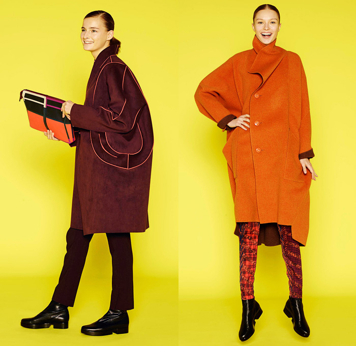 Issey Miyake 2014 Pre Fall Womens Lookbook Presentation - Pre Autumn Collection Looks - Oversized Outerwear Trench Coat Topcoat Overcoat Bright Colors Leggings Tights Abstract Prints Tire Tracks Mix Match Multi Panel Stripes Cropped Gauchos Culottes Balloon Sleeves Square Rectangular Neck V-Neck Sweater Jumper Dress: Designer Denim Jeans Fashion: Season Collections, Runways, Lookbooks and Linesheets