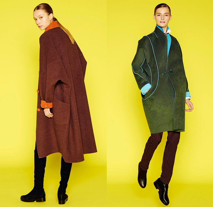 Issey Miyake 2014 Pre Fall Womens Lookbook Presentation - Pre Autumn Collection Looks - Oversized Outerwear Trench Coat Topcoat Overcoat Bright Colors Leggings Tights Abstract Prints Tire Tracks Mix Match Multi Panel Stripes Cropped Gauchos Culottes Balloon Sleeves Square Rectangular Neck V-Neck Sweater Jumper Dress: Designer Denim Jeans Fashion: Season Collections, Runways, Lookbooks and Linesheets