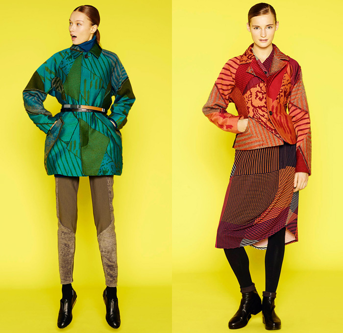 Issey Miyake 2014 Pre Fall Womens Lookbook Presentation - Pre Autumn Collection Looks - Oversized Outerwear Trench Coat Topcoat Overcoat Bright Colors Leggings Tights Abstract Prints Tire Tracks Mix Match Multi Panel Stripes Cropped Gauchos Culottes Balloon Sleeves Square Rectangular Neck V-Neck Sweater Jumper Dress: Designer Denim Jeans Fashion: Season Collections, Runways, Lookbooks and Linesheets