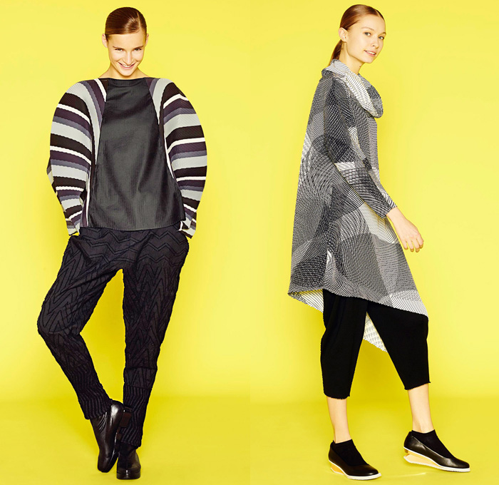 Issey Miyake 2014 Pre Fall Womens Lookbook Presentation - Pre Autumn Collection Looks - Oversized Outerwear Trench Coat Topcoat Overcoat Bright Colors Leggings Tights Abstract Prints Tire Tracks Mix Match Multi Panel Stripes Cropped Gauchos Culottes Balloon Sleeves Square Rectangular Neck V-Neck Sweater Jumper Dress: Designer Denim Jeans Fashion: Season Collections, Runways, Lookbooks and Linesheets