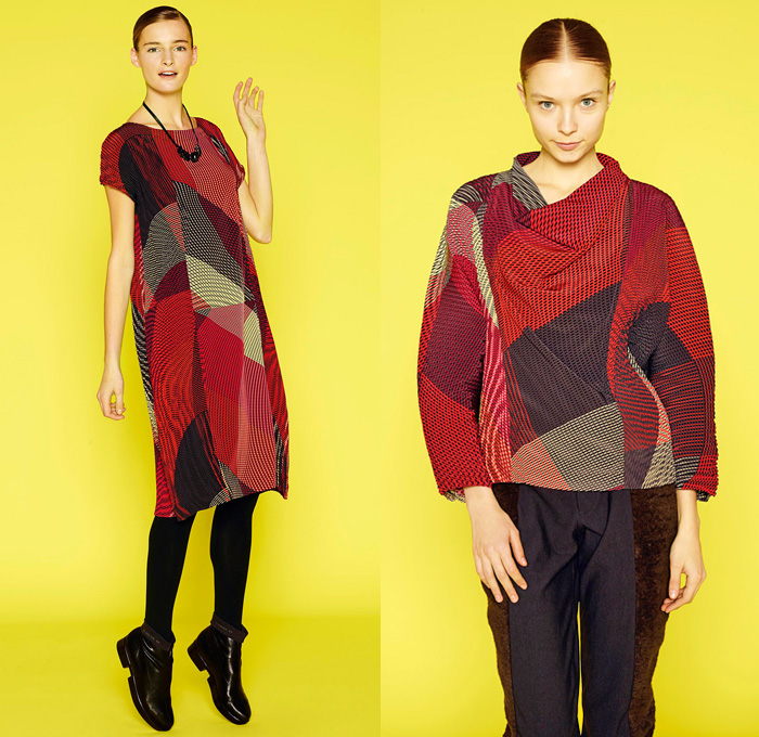 Issey Miyake 2014 Pre Fall Womens Lookbook Presentation - Pre Autumn Collection Looks - Oversized Outerwear Trench Coat Topcoat Overcoat Bright Colors Leggings Tights Abstract Prints Tire Tracks Mix Match Multi Panel Stripes Cropped Gauchos Culottes Balloon Sleeves Square Rectangular Neck V-Neck Sweater Jumper Dress: Designer Denim Jeans Fashion: Season Collections, Runways, Lookbooks and Linesheets