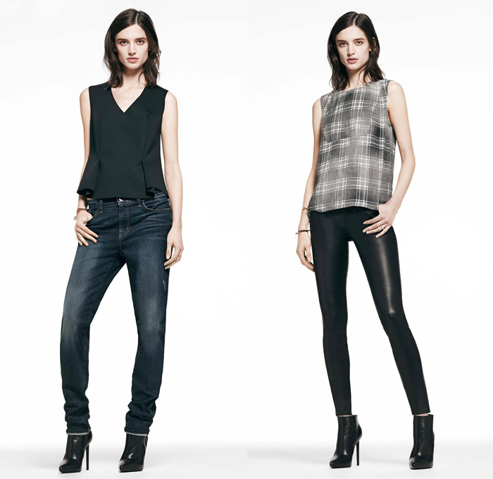 J Brand 2014 Pre Fall Womens Presentation - Pre Autumn Collection Looks - Denim Jeans Skinny Motorcycle Biker Pants Leggings Plaid Checks Peplum Vest Sweater Jumper Knitwear: Designer Denim Jeans Fashion: Season Collections, Runways, Lookbooks and Linesheets