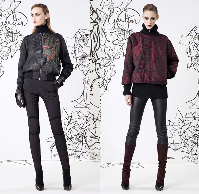 Jean Paul Gaultier 2014 Pre Fall Womens Lookbook Presentation - Pre Autumn Collection Looks - Motorcycle Biker Skinny Jeans Pants Military Bomber Jacket Outerwear Trench Pea Coat Parka Knit Turtleneck Bralette Asymmetrical Circle Skirt Illustration Flowers Floral